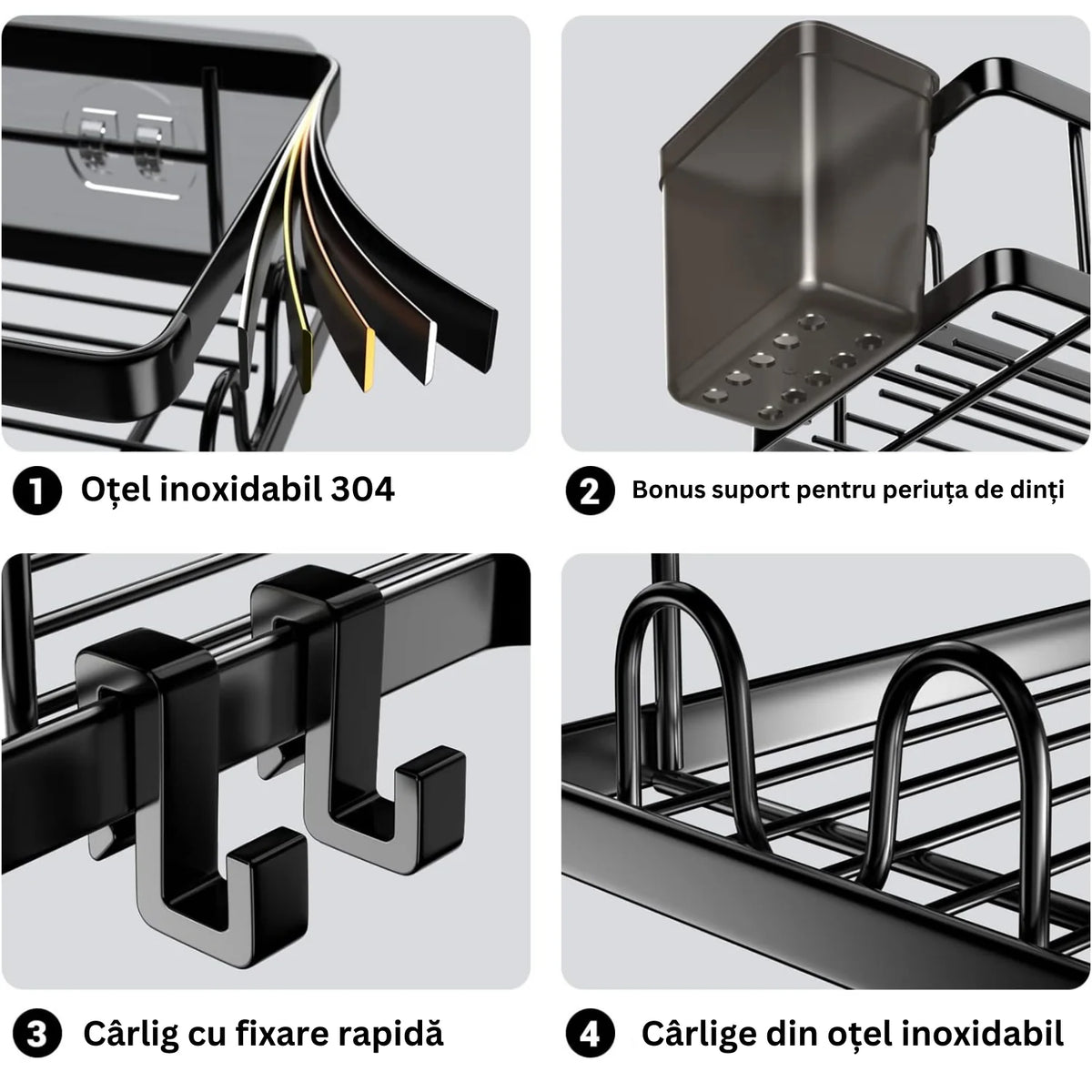 Set 2 rafturi de colt pentru baie sau bucatarie,5 piese, cu suport pentru periuta si pasta de dinti
