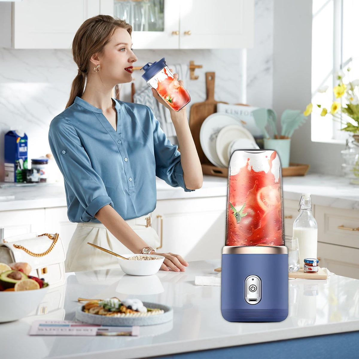 Mini Blender Portabil Electric, Cu Acumulator, 2 Recipiente, 6 Lame 3D, 300 ml, 40W, Capac Inclus