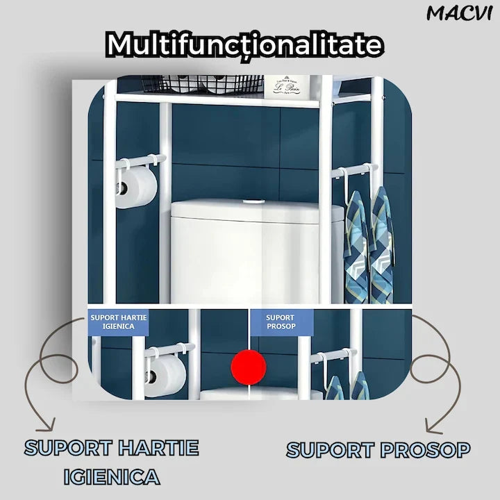 Suport depozitare peste toaleta, 3 polite, cadru metalic alb, organizator baie modern, 150 x 50 x 23 cm