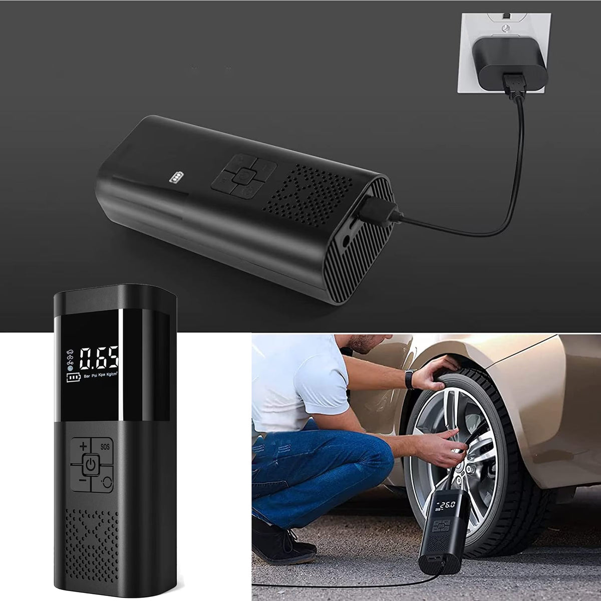 Compresor Auto Portabil, 3 in 1, Baterie 6000mAh Tip Powerbank, Digital, Manometru, Lanterna LED, 150PSI, Debit 20L, Incarcare USB,