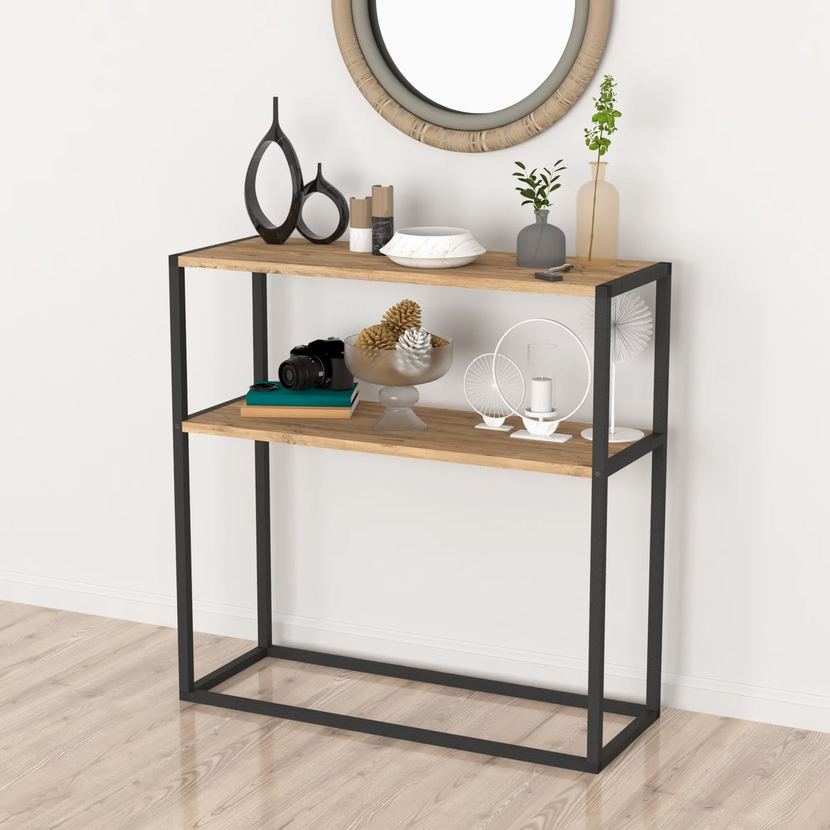 Masă consola decorativa cu 2 rafturi, 90x90x33,5 cm, efect stejar și cadru metalic