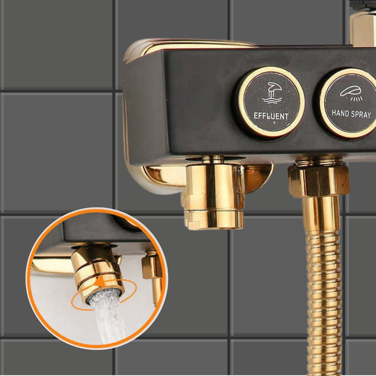 Coloana de dus premium cu 4 functii, baterie, cap dus patrat tip ploaie, dus de mana, pistol bideu, robinet inferior, raft accesorii, control prin butoane, alama masiva, finisaj negru mat si auriu, sistem complet modern baie