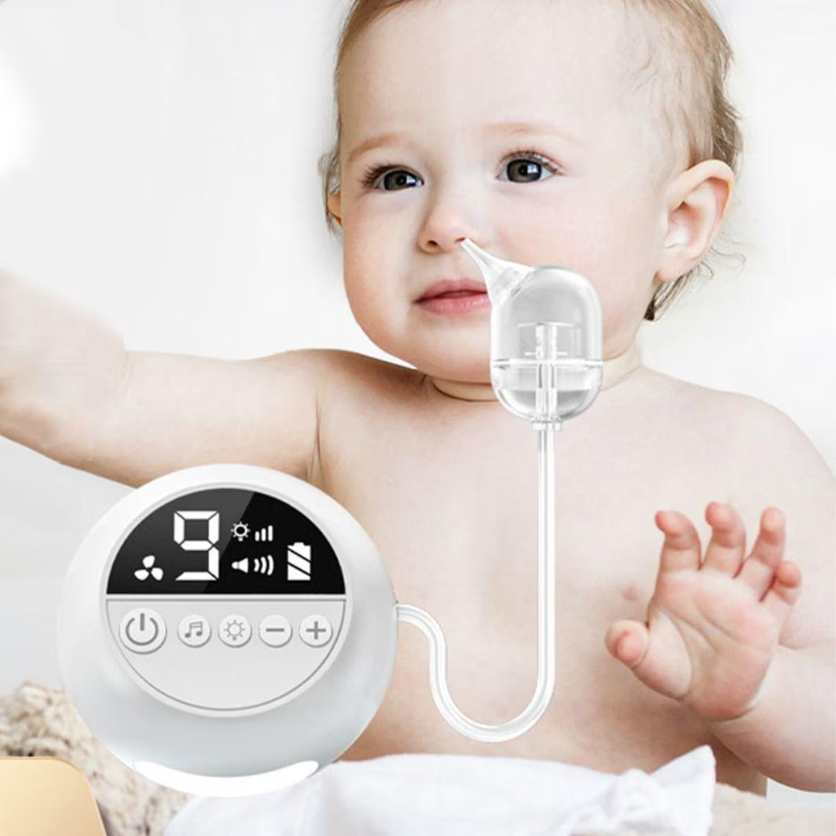 Aspirator nazal electric pentru bebelusi si copii, 9 niveluri de aspiratie reglabile, lumina de noapte cu muzica linistitoare, Incarcare USB, Display LED,