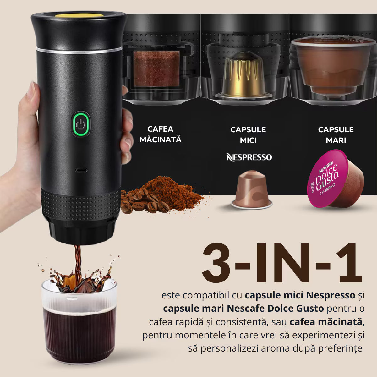 Espressor portabil 3 in 1, aparat cafea capsule si macinata, reincarcabil USB, 60ml,