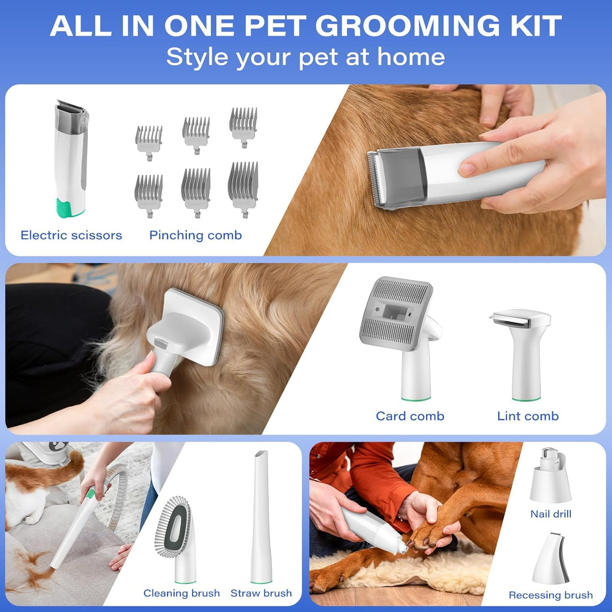 Masina de tuns animale 7 in 1 cu Aspirator integrat – Caini si Pisici, 6 dimensiuni de tuns, zgomot redus, Alb