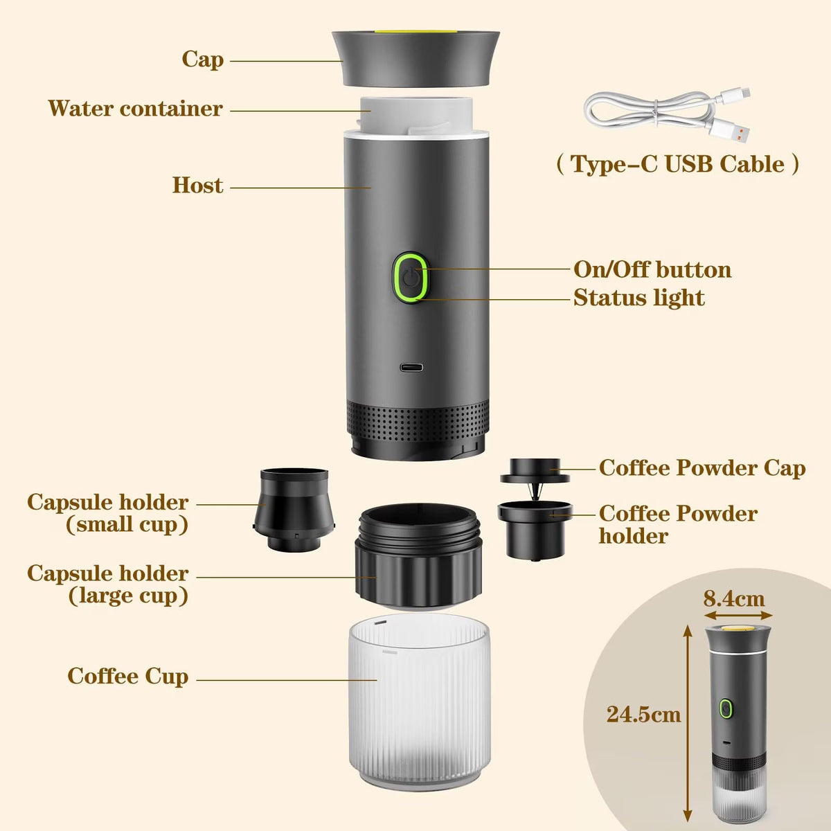 Espressor portabil 3 in 1, aparat cafea capsule si macinata, reincarcabil USB, 60ml,