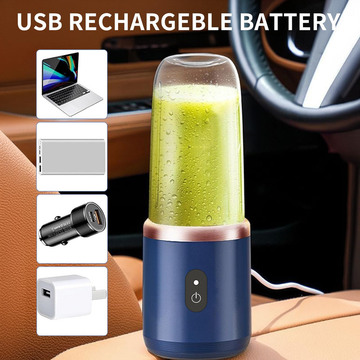Mini Blender Portabil Electric, Cu Acumulator, 2 Recipiente, 6 Lame 3D, 300 ml, 40W, Capac Inclus