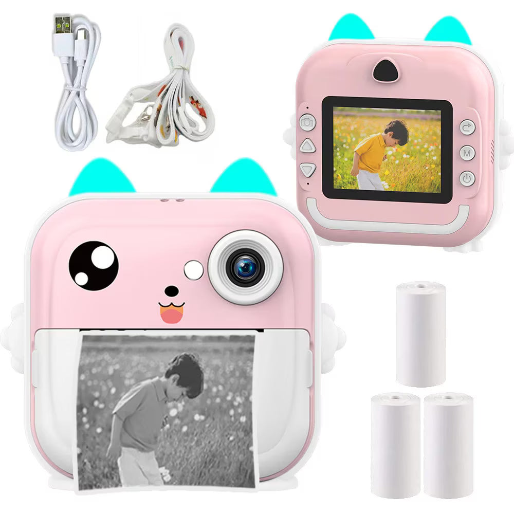 Aparat foto digital cu imprimare termica pentru copii, focalizare automata, display color de 2,4 inch 1080P Full HD