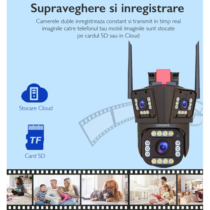Camera de Supraveghere Tripla WIFI, 12MP, Exterior/Interior, Ultra HD, 5X zoom, Rotire, Leduri, Lumina, Comunicare