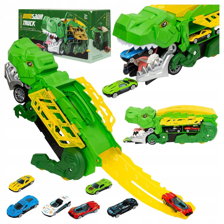 Set Multifunctional Dinozaur 2-in-1, Camion de Transport si Rampa de Lansare cu 2 Masinute