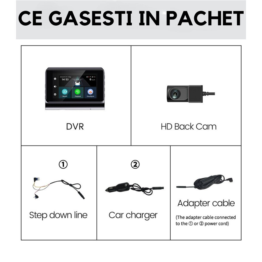 Camera video auto de bord DVR 2K, conexiune 4G cartela SIM, transmisie live, 2 camere fata-spate, monitorizare parcare, control din aplicatie, G-senzor, ultracompacta, inregistrare in bucla, vedere nocturna, unghi vizual larg, display LCD 3 inch
