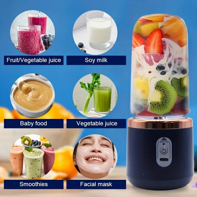 Mini Blender Portabil Electric, Cu Acumulator, 2 Recipiente, 6 Lame 3D, 300 ml, 40W, Capac Inclus