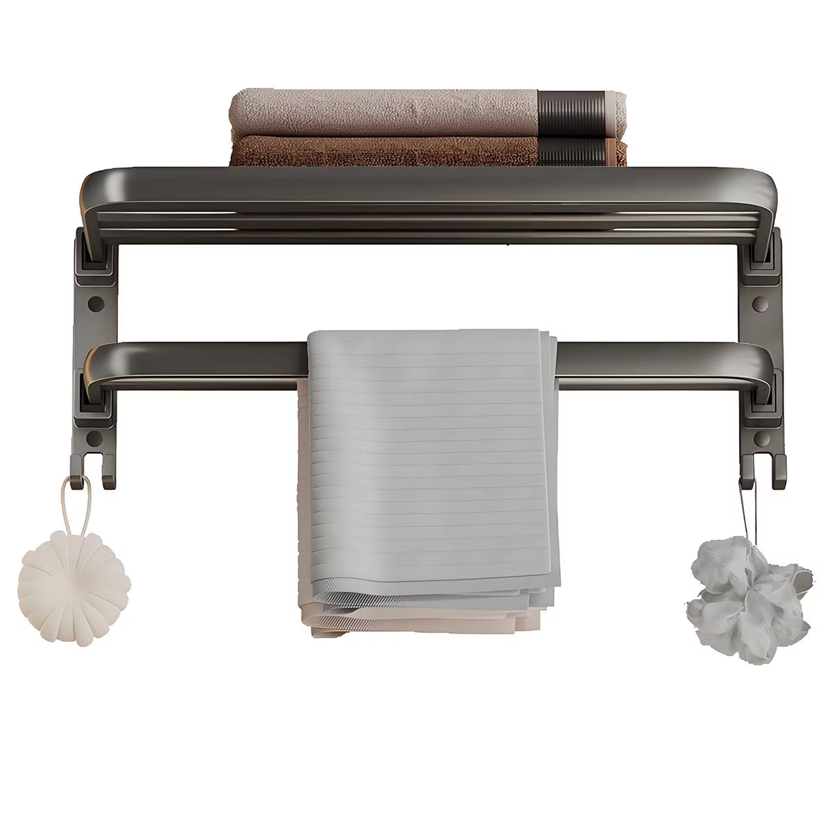 Suport prosoape baie, pliabil, aluminiu spatial, cu polita si carlige, lungime 60cm, Gri