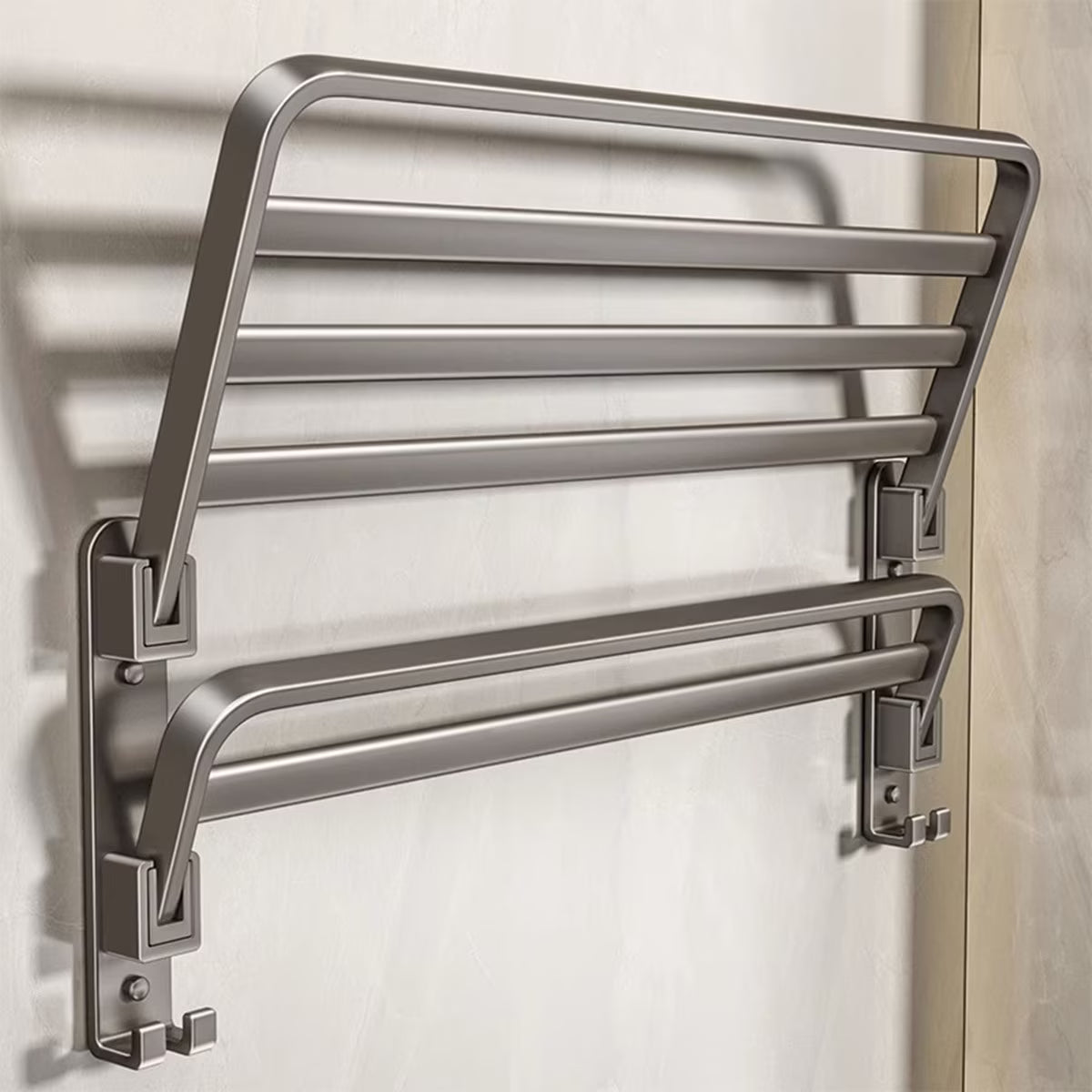Suport prosoape baie, pliabil, aluminiu spatial, cu polita si carlige, lungime 60cm, Gri