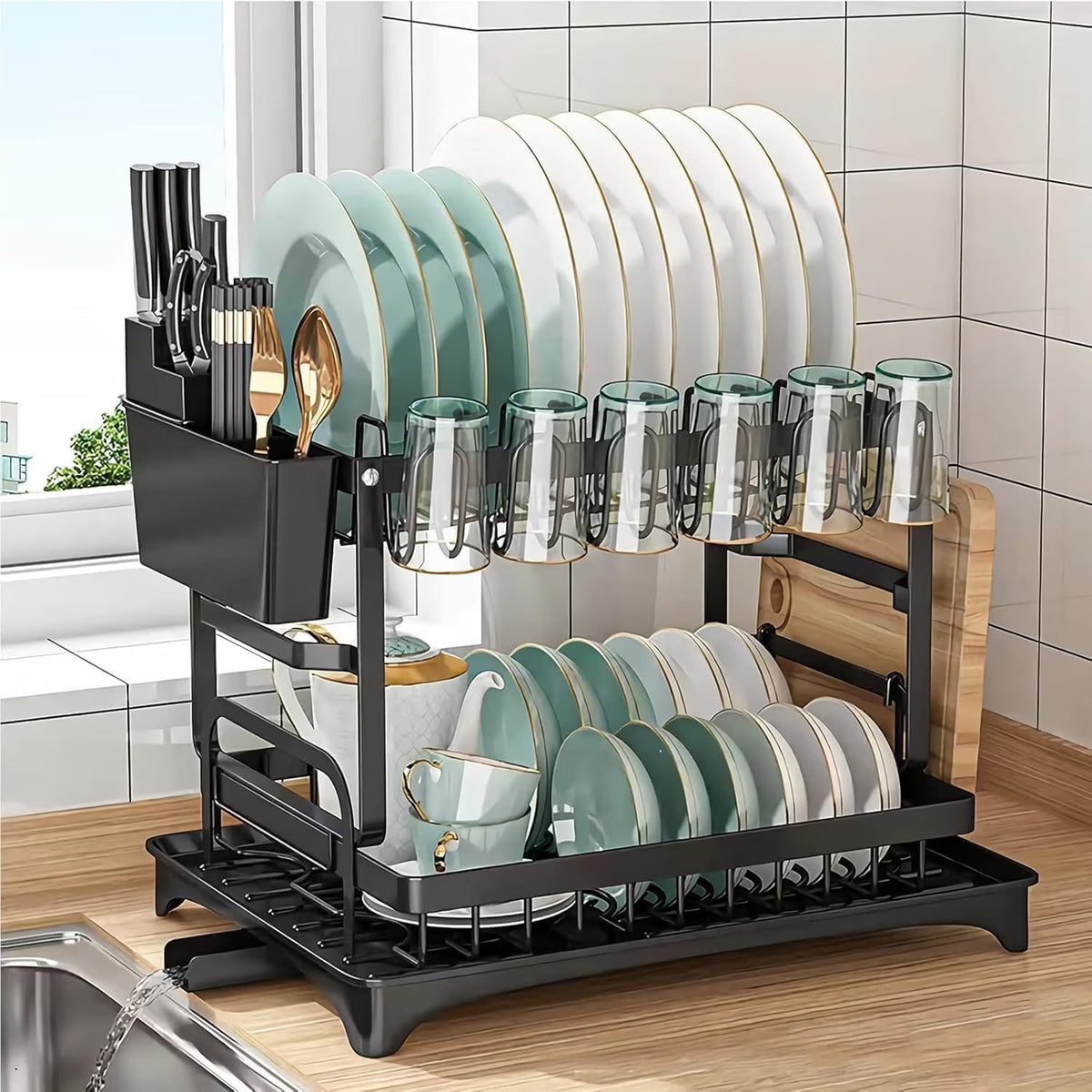 RESIGILAT - Scurgator vase, design auto-draining, organizator compact, negru, 42x30x29cm