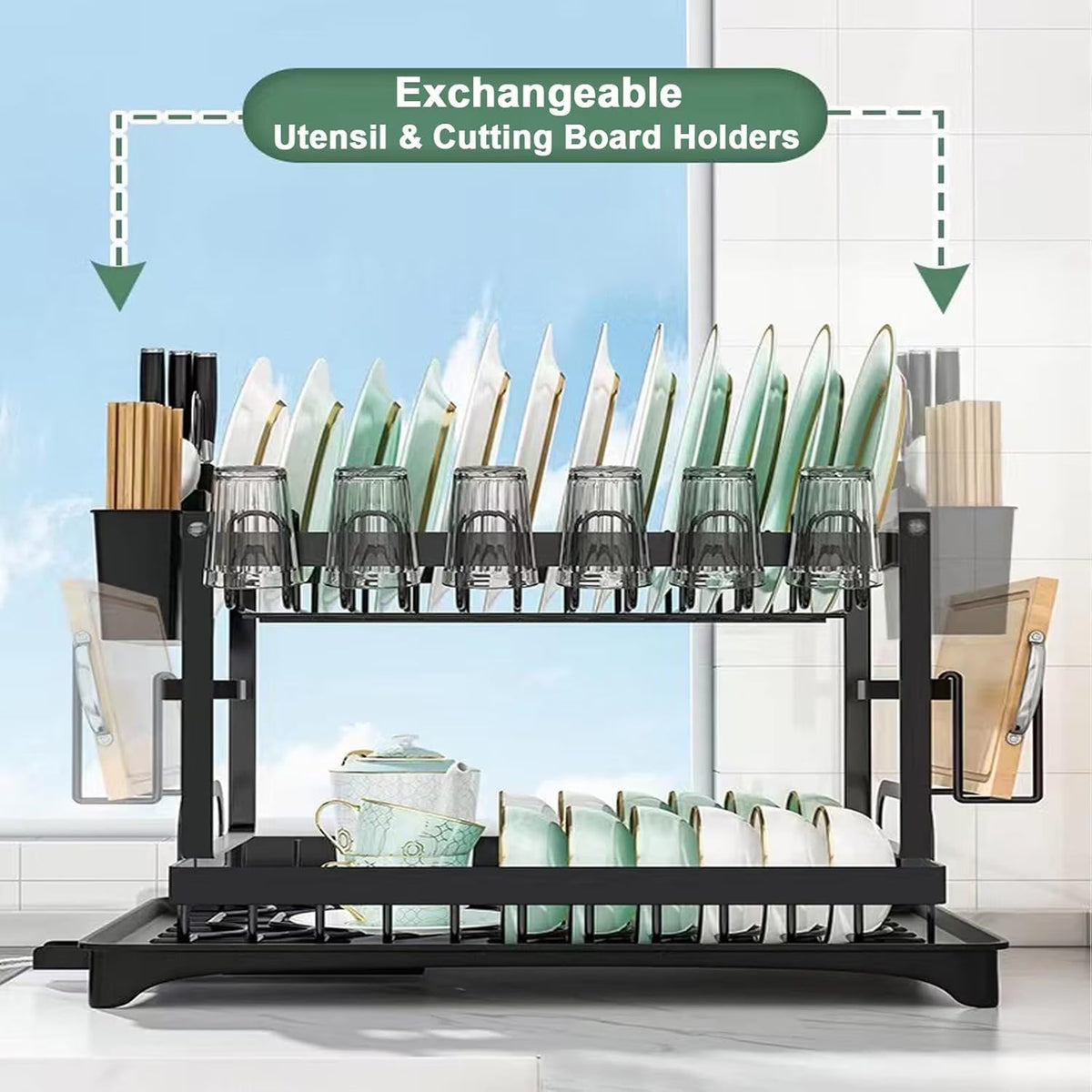 RESIGILAT - Scurgator vase, design auto-draining, organizator compact, negru, 42x30x29cm