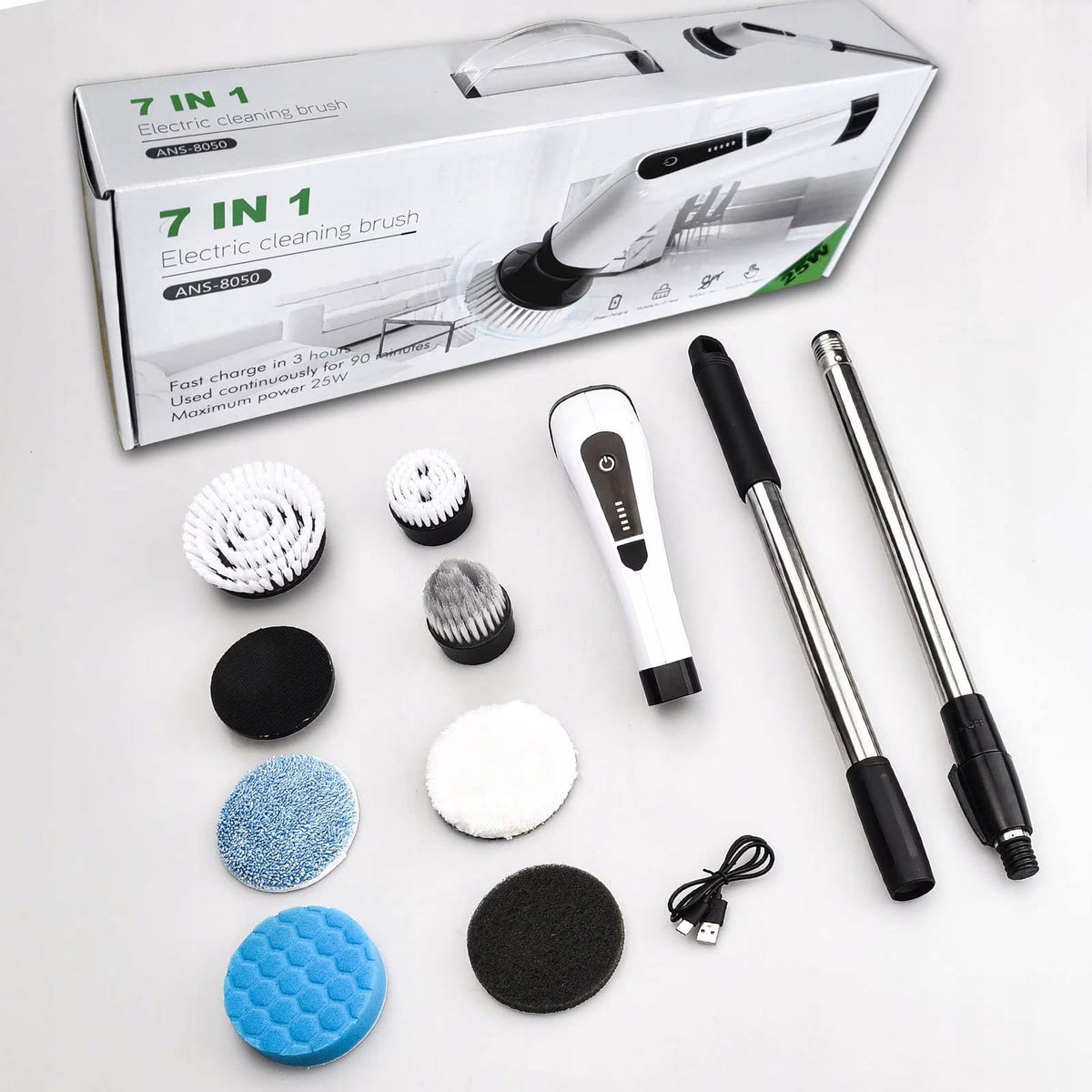 Perie Electrica Rotativa 7 in 1, 7 capete incluse, 2 viteze, pentru curatare pete dificile, maner reglabil si detasabil, autonomie ridicata, indicator LED