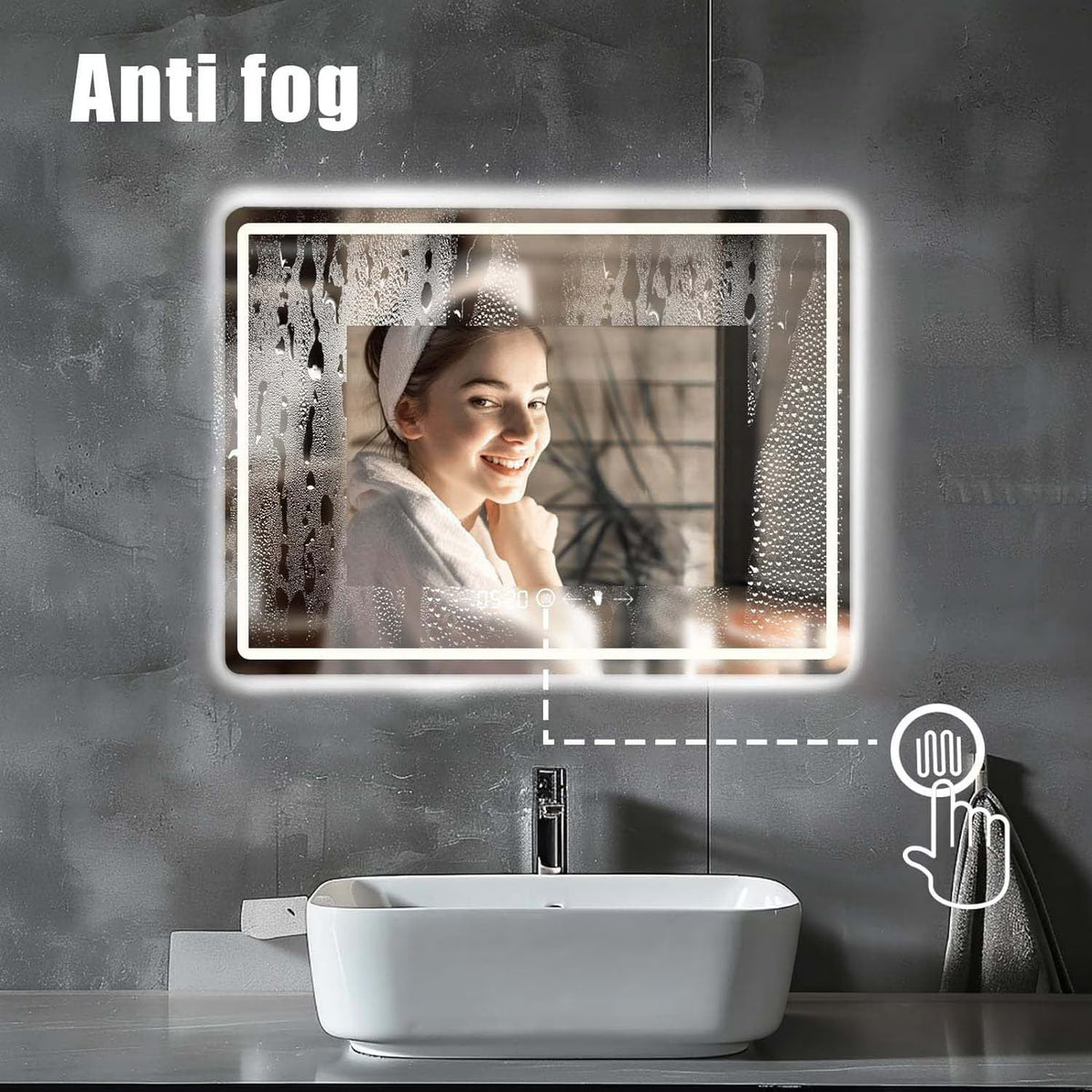 Oglinda LED pentru baie 60x80 cm, sistem Dezaburire, Senzor Touch, Ceas, Trei Tipuri de Lumina