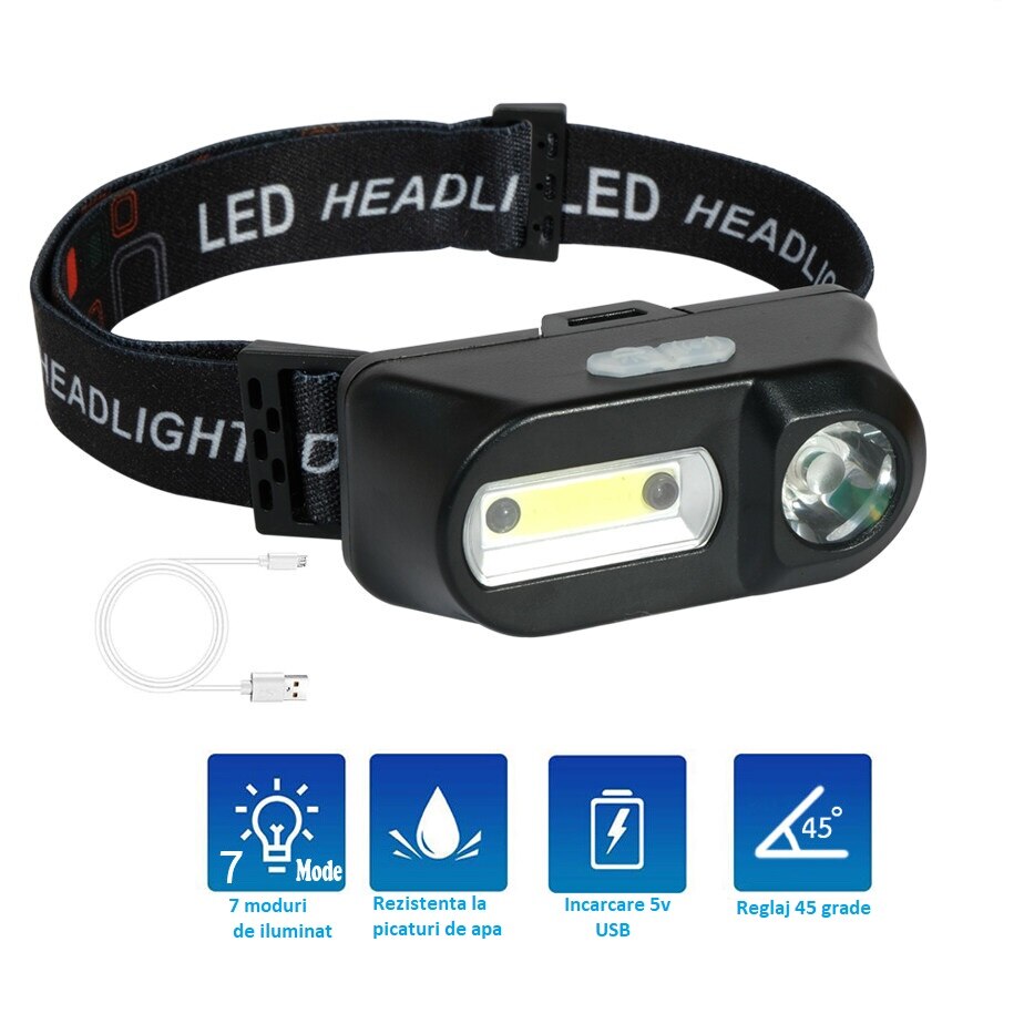 Lanterna frontala, de cap cu senzor, 3 moduri iluminat led Cob, 3 moduri iluminat led XPE, acumulator 3.7v, incarcare Usb 5v