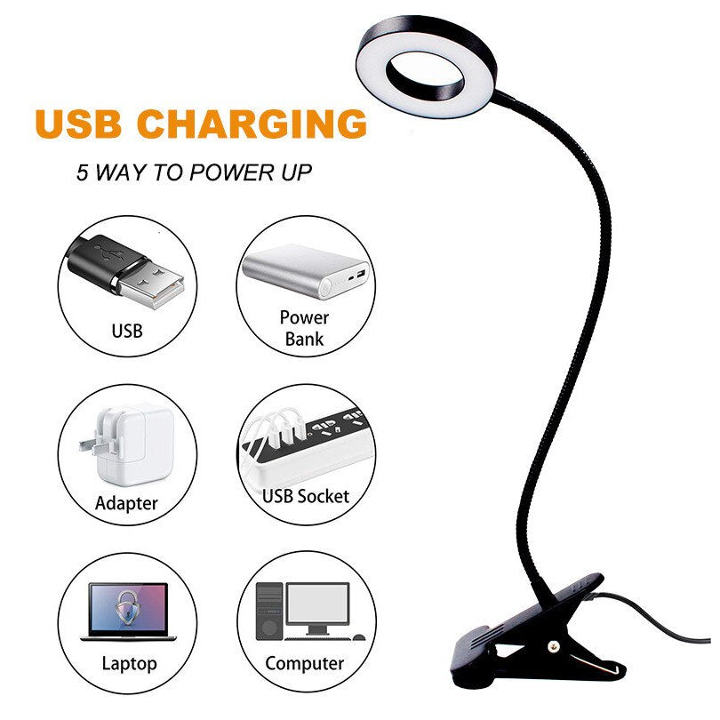 Lampa LED cu clip, 3 moduri de iluminare, 9 niveluri de luminozitate, 38cm, USB