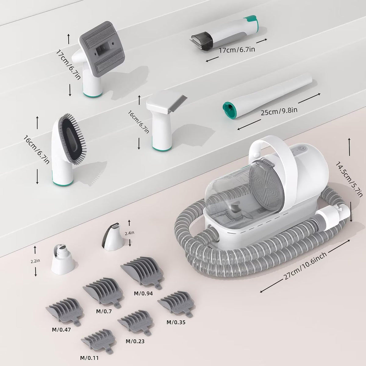 Masina de tuns animale 7 in 1 cu Aspirator integrat – Caini si Pisici, 6 dimensiuni de tuns, zgomot redus, Alb