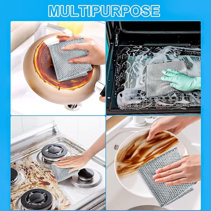 Set 10 lavete cu dublu strat, din fibra abraziva pentru vase, utilizare umeda si uscata, carpa de sarma, 30 x 30 cm, Argintiu