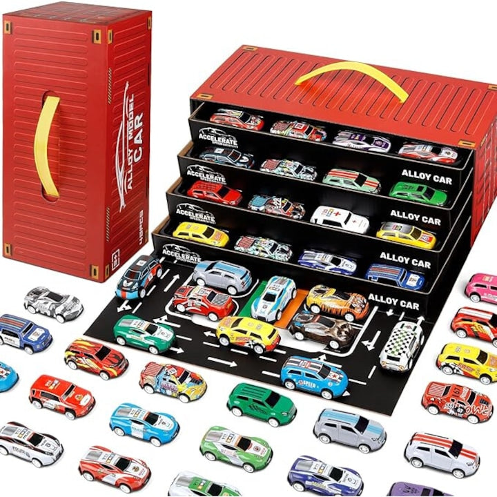 Set 48 Jucarii Masinute Tractiune Retractabila - Aliaj, Cutie Container, 4 Nivele Garaj, Rezistente Caderi Socuri, 3-8 Ani, Modele Culori Variate
