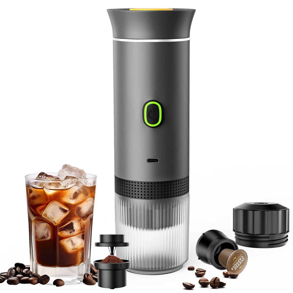 Espressor portabil 3 in 1, aparat cafea capsule si macinata, reincarcabil USB, 60ml,