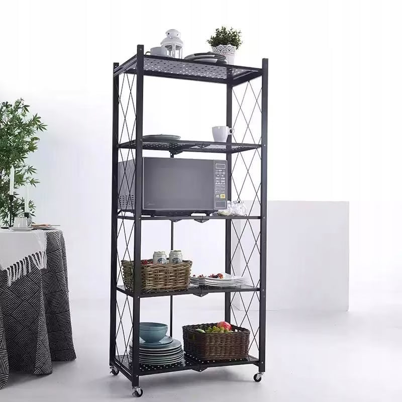 Raft depozitare metalic, pliabil, pe roti, 5 polite, Negru, 50 kg, 72x34x163 cm