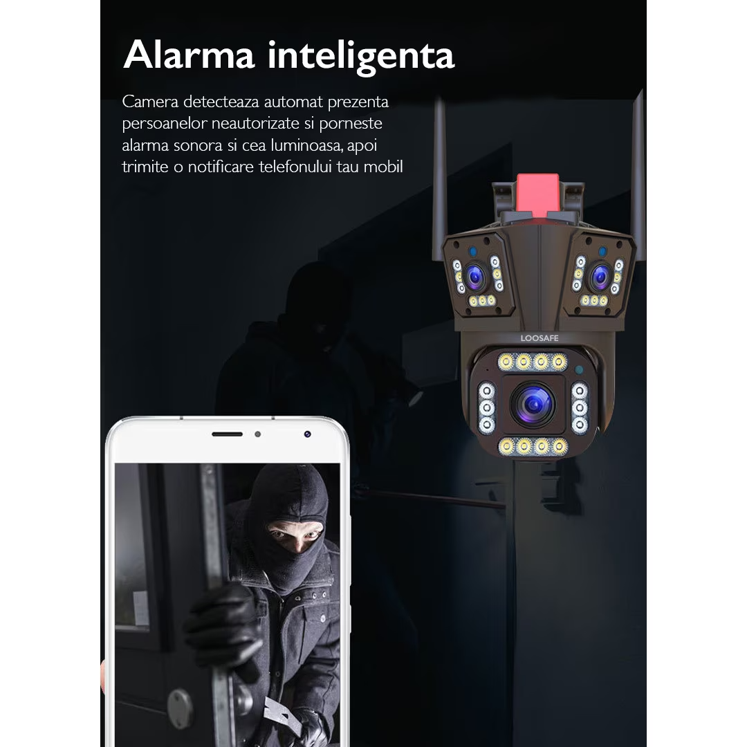 Camera de Supraveghere Tripla WIFI, 12MP, Exterior/Interior, Ultra HD, 5X zoom, Rotire, Leduri, Lumina, Comunicare