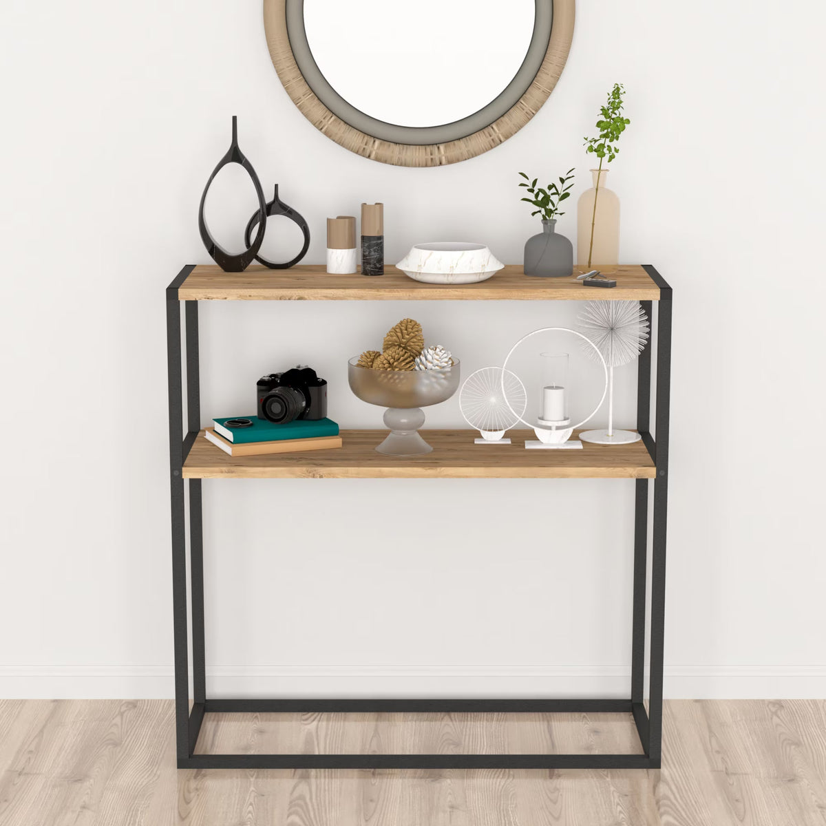 Masă consola decorativa cu 2 rafturi, 90x90x33,5 cm, efect stejar și cadru metalic