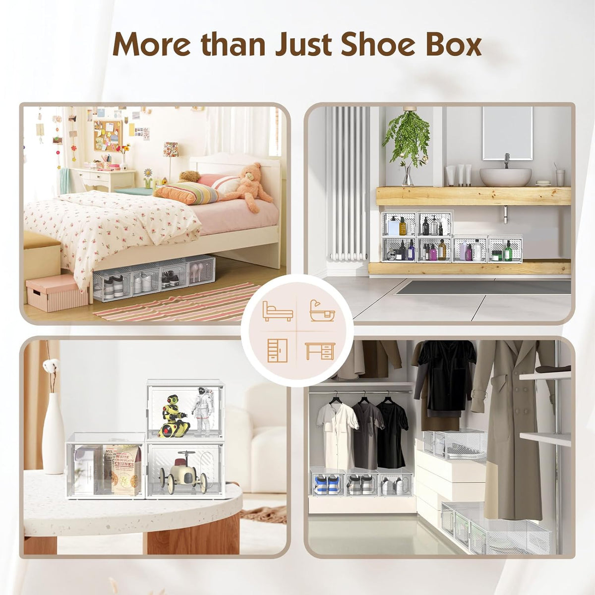 Cutii Organizatoare pentru incaltaminte, 6 compartimente, pliabile, design transparent, 34.5x25.5x105cm, alb
