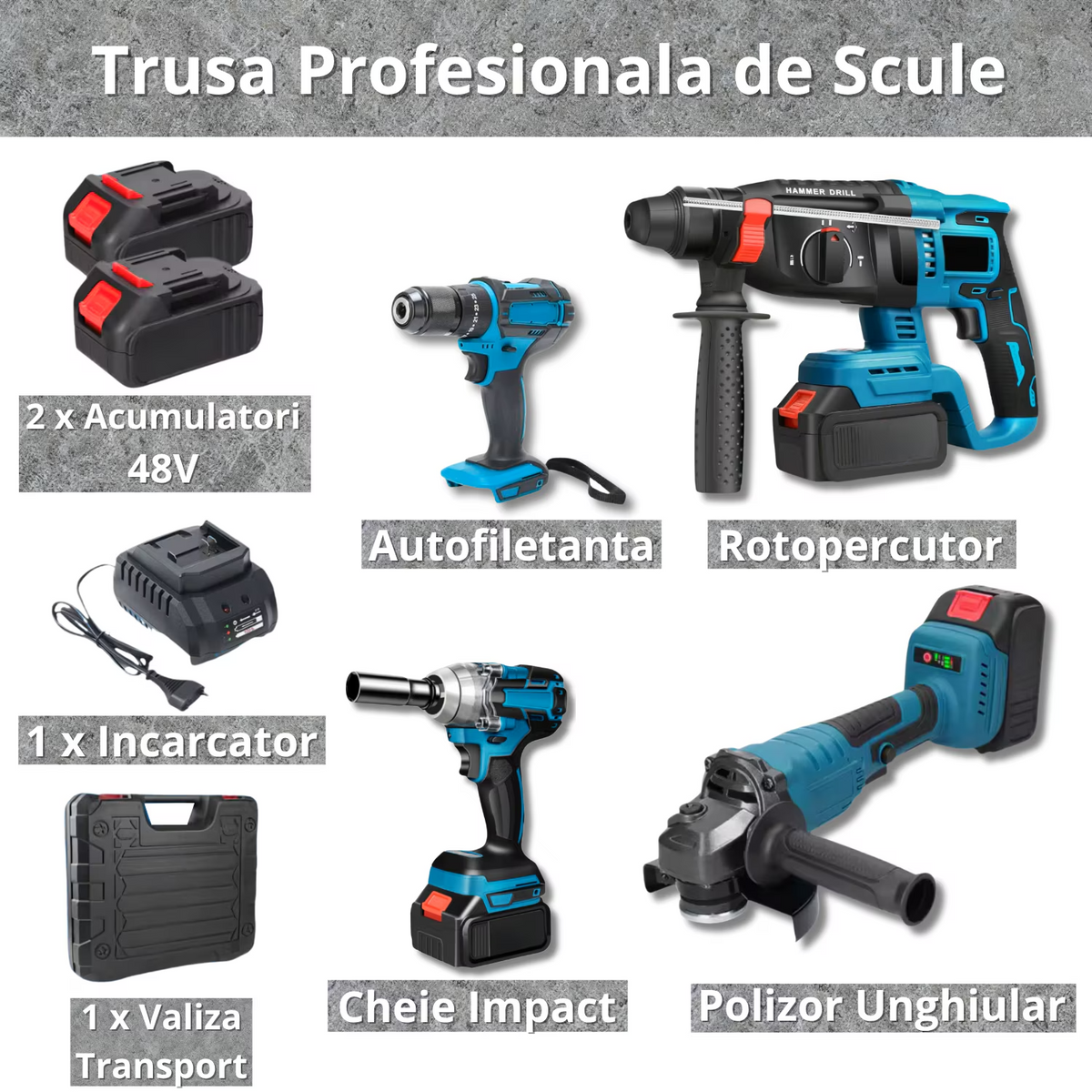 Trusa 4 piese cu acumulator, autofiletanta, rotopercutor, polizor unghiular, bormasina impact, 20V, 4Ah