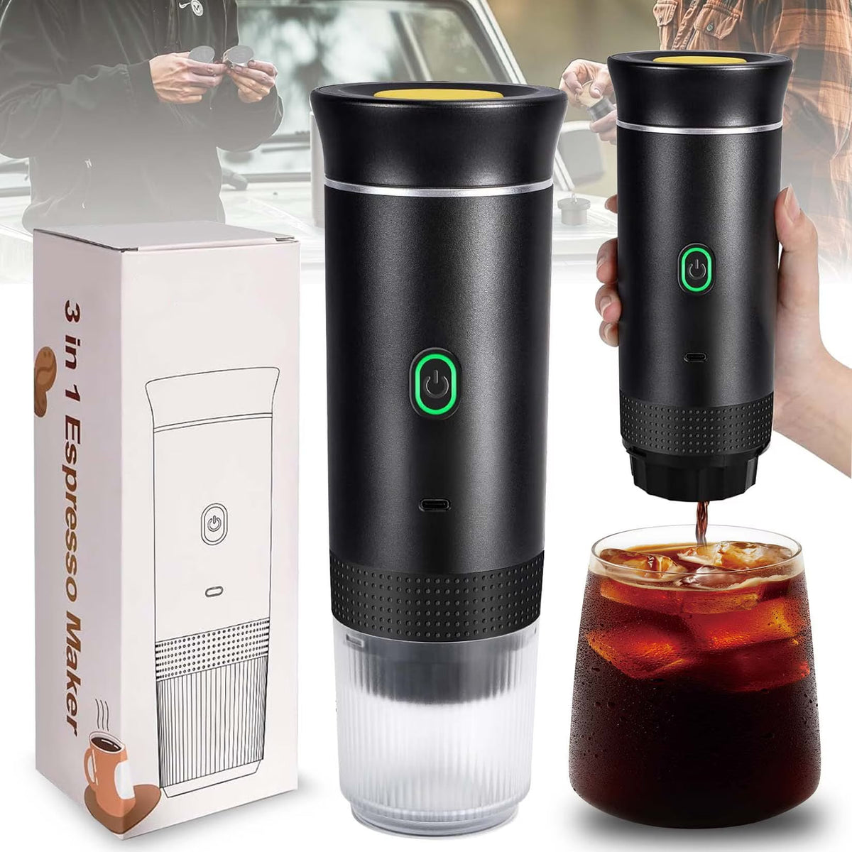 Espressor portabil 3 in 1, aparat cafea capsule si macinata, reincarcabil USB, 60ml,