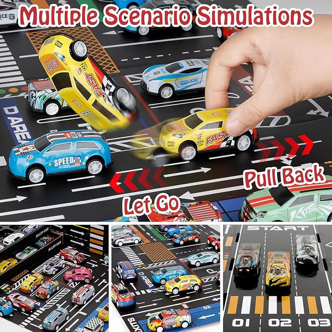 Set 48 Jucarii Masinute Tractiune Retractabila - Aliaj, Cutie Container, 4 Nivele Garaj, Rezistente Caderi Socuri, 3-8 Ani, Modele Culori Variate