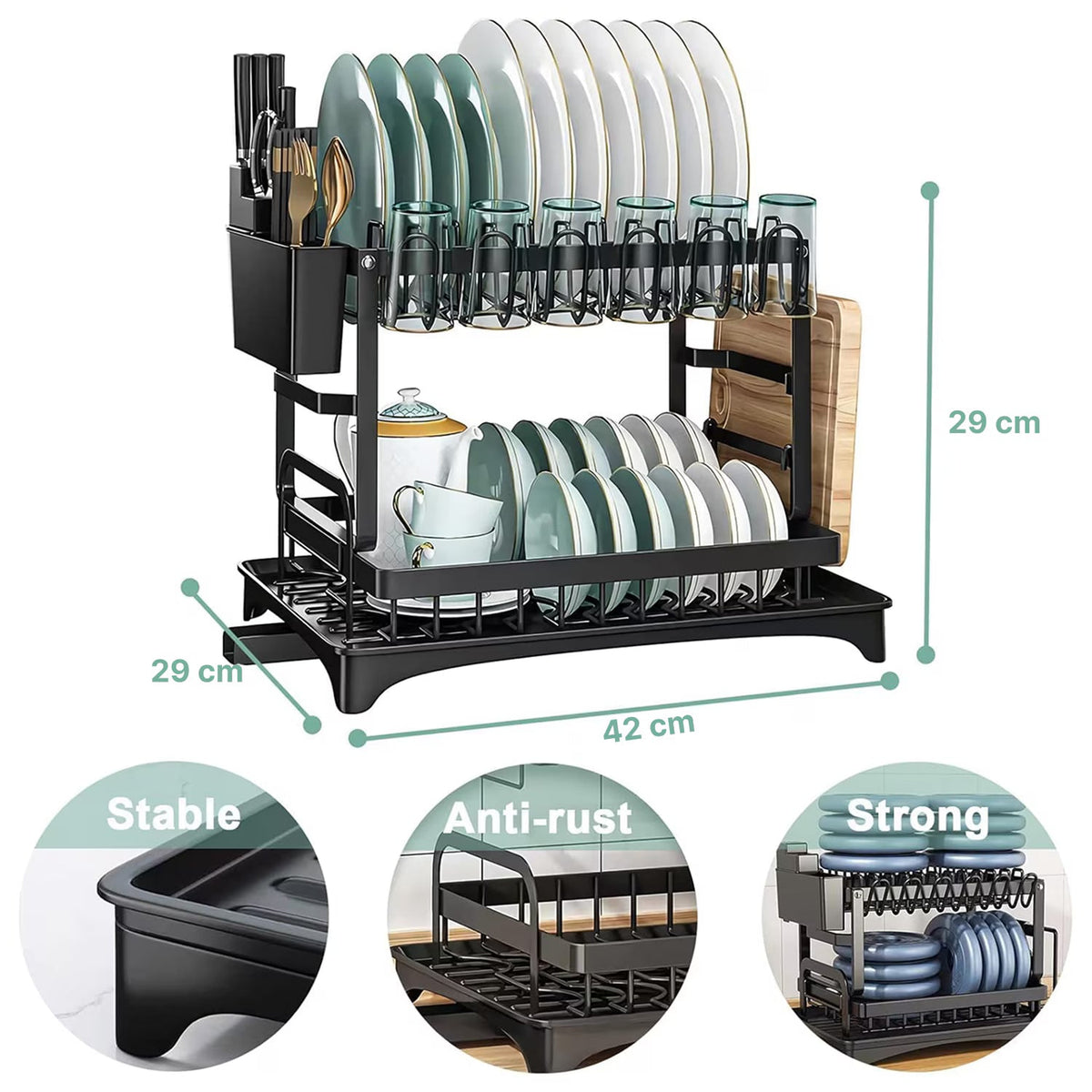 RESIGILAT - Scurgator vase, design auto-draining, organizator compact, negru, 42x30x29cm