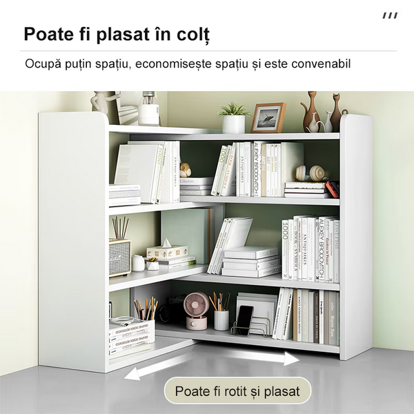 Biblioteca cu 6 compartimente, rotativa, cu lungime reglabila si extensibila, (60-120)×17×80cm, alb