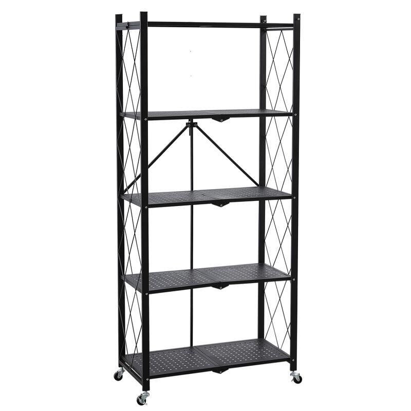 Raft depozitare metalic, pliabil, pe roti, 5 polite, Negru, 50 kg, 72x34x163 cm