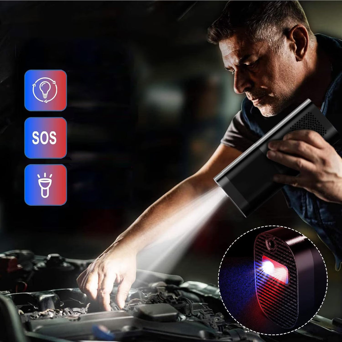 Compresor Auto Portabil, 3 in 1, Baterie 6000mAh Tip Powerbank, Digital, Manometru, Lanterna LED, 150PSI, Debit 20L, Incarcare USB,