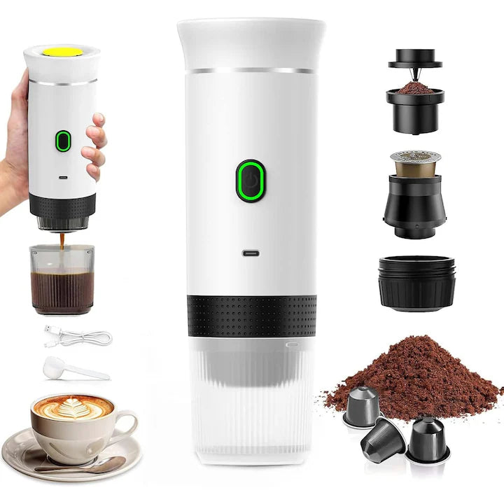 Espressor portabil 3 in 1, aparat cafea capsule si macinata, reincarcabil USB, 60ml,