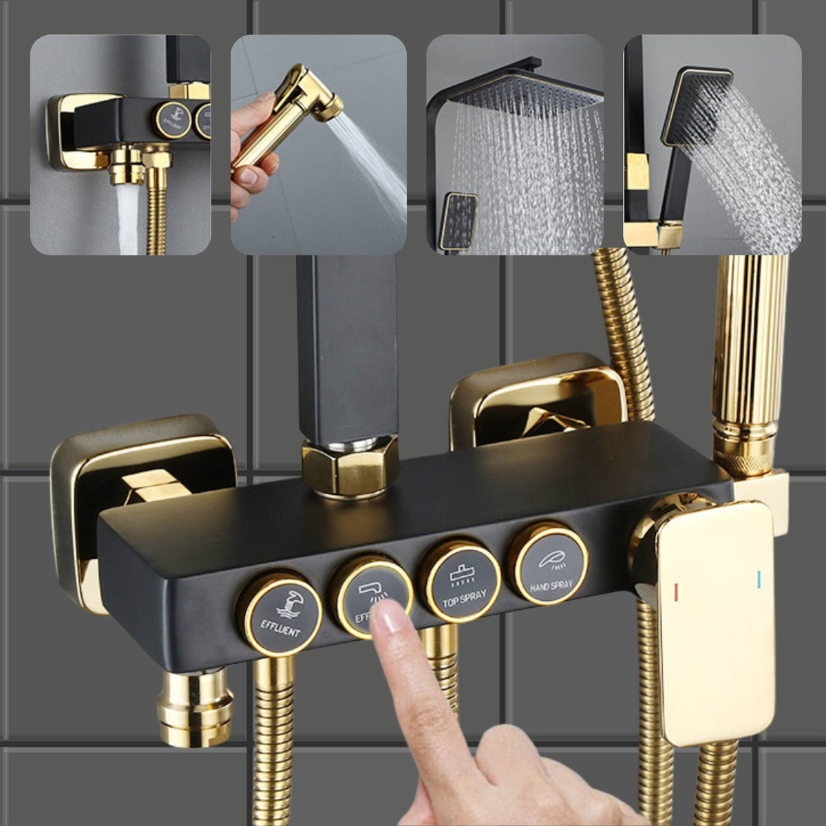 Coloana de dus premium cu 4 functii, baterie, cap dus patrat tip ploaie, dus de mana, pistol bideu, robinet inferior, raft accesorii, control prin butoane, alama masiva, finisaj negru mat si auriu, sistem complet modern baie