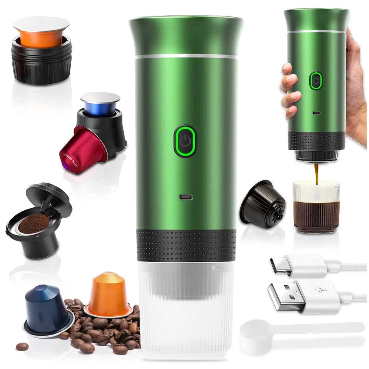 Espressor portabil 3 in 1, aparat cafea capsule si macinata, reincarcabil USB, 60ml,