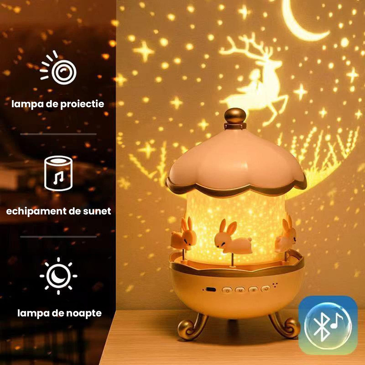Carusel iepurasi cu proiectie stelara si rotire 360° – lampa veghe copii, 12 de moduri de lumina