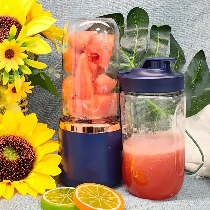 Mini Blender Portabil Electric, Cu Acumulator, 2 Recipiente, 6 Lame 3D, 300 ml, 40W, Capac Inclus