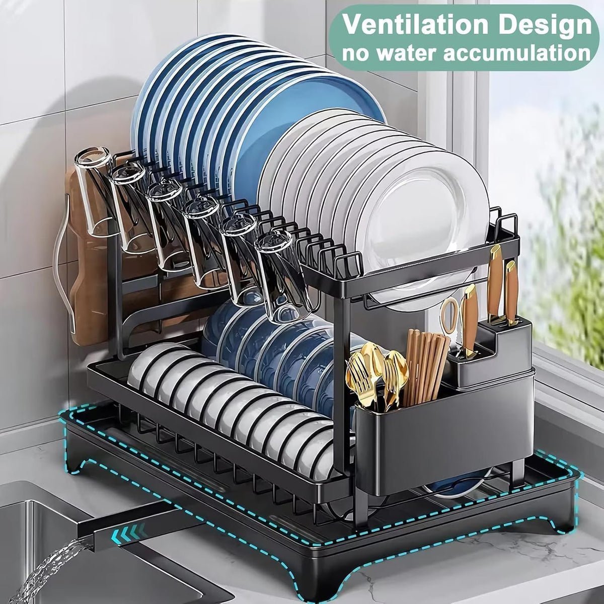 Scurgator vase, design auto-draining, organizator compact, negru, 42x29x29cm