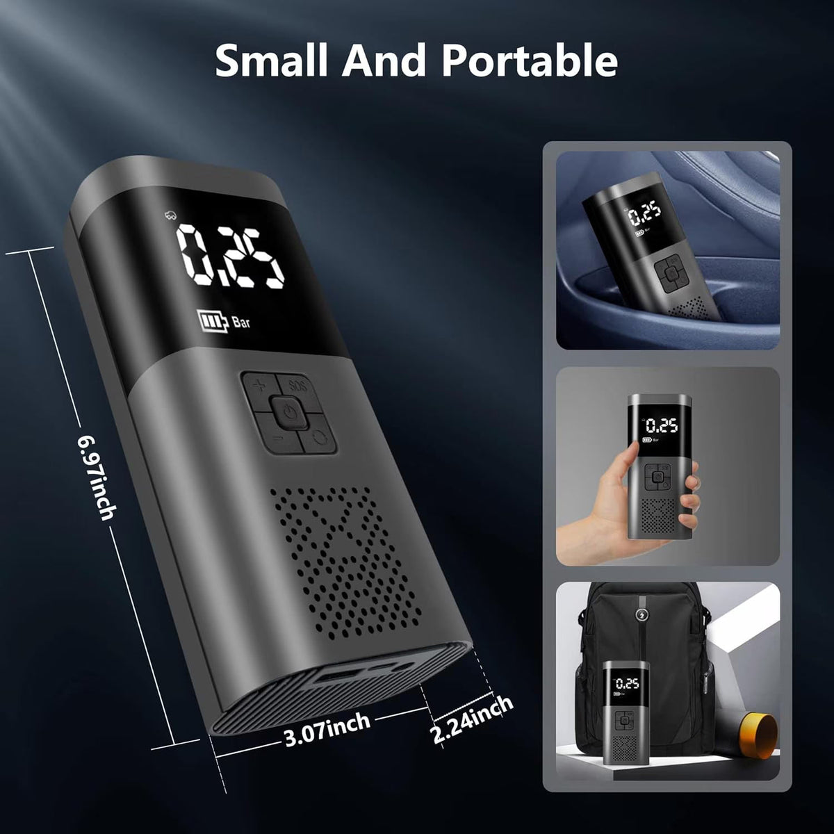 Compresor Auto Portabil, 3 in 1, Baterie 6000mAh Tip Powerbank, Digital, Manometru, Lanterna LED, 150PSI, Debit 20L, Incarcare USB,
