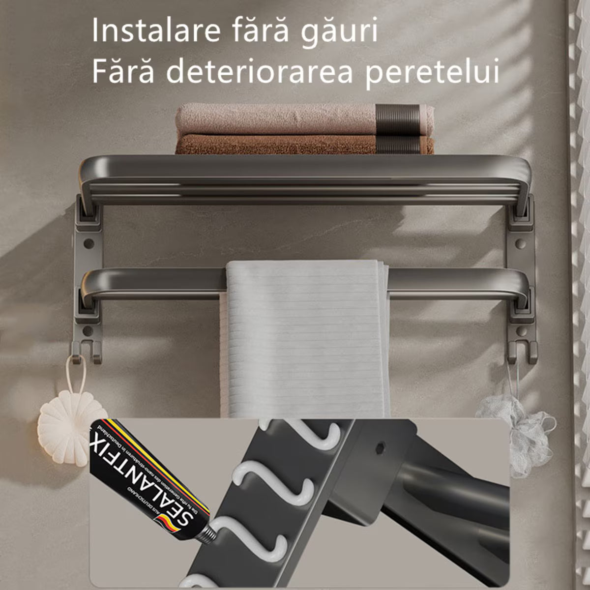 Suport prosoape baie, pliabil, aluminiu spatial, cu polita si carlige, lungime 60cm, Gri