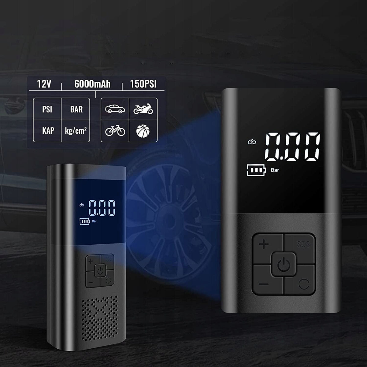 Compresor Auto Portabil, 3 in 1, Baterie 6000mAh Tip Powerbank, Digital, Manometru, Lanterna LED, 150PSI, Debit 20L, Incarcare USB,