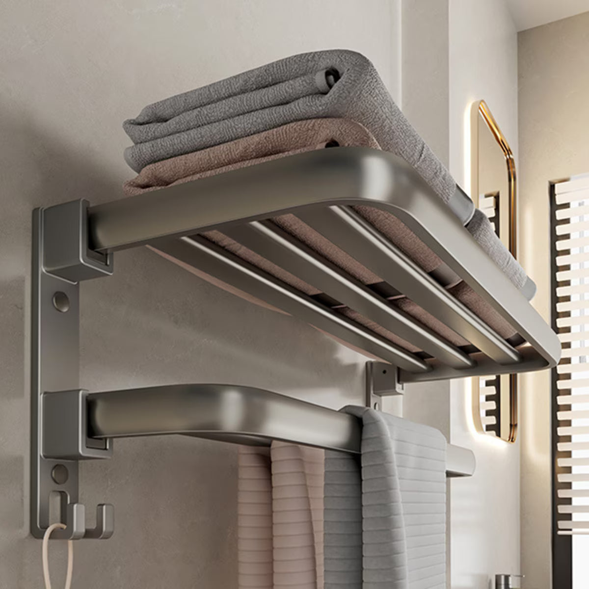 Suport prosoape baie, pliabil, aluminiu spatial, cu polita si carlige, lungime 60cm, Gri