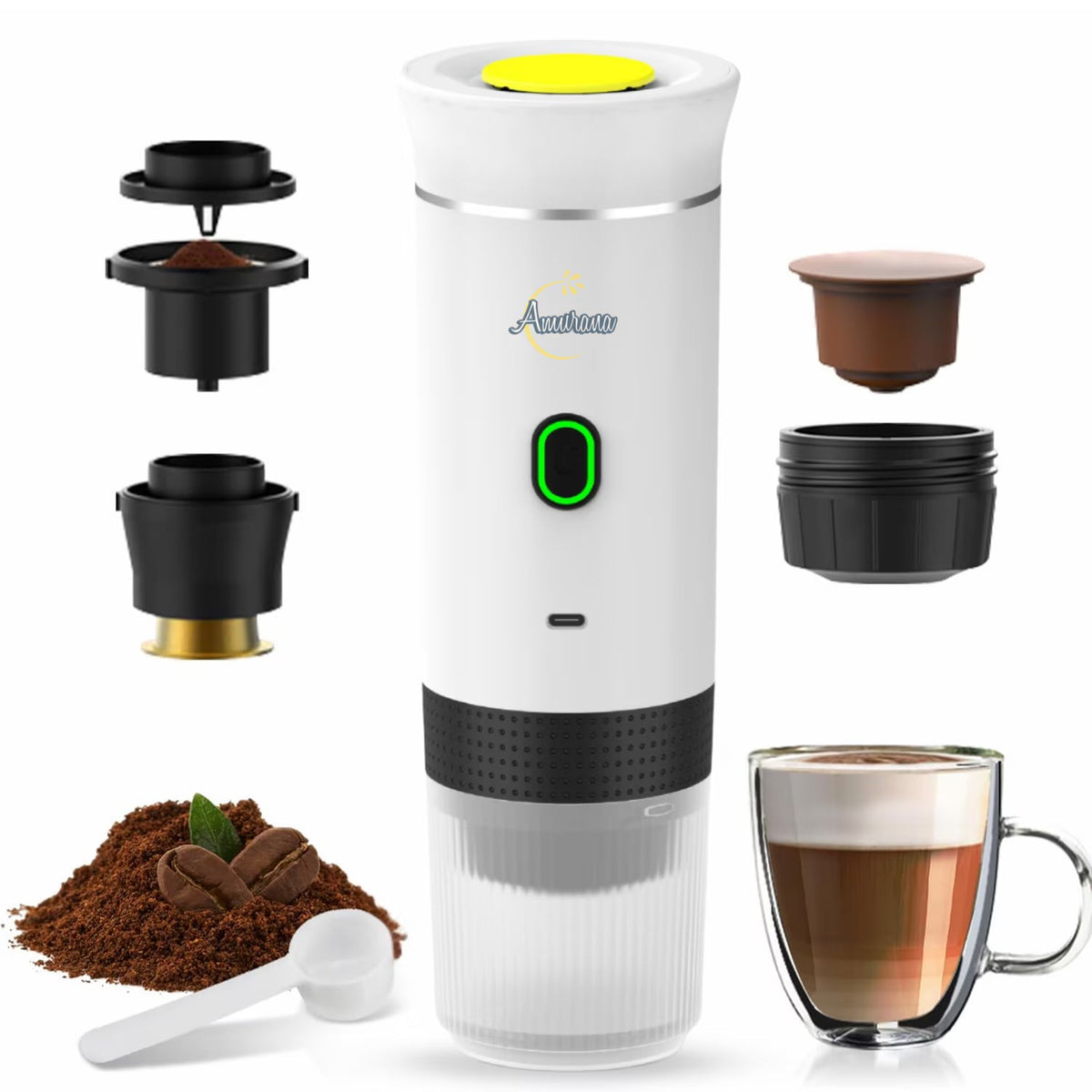 Espressor portabil 3 in 1, aparat cafea capsule si macinata, reincarcabil USB, 60ml,